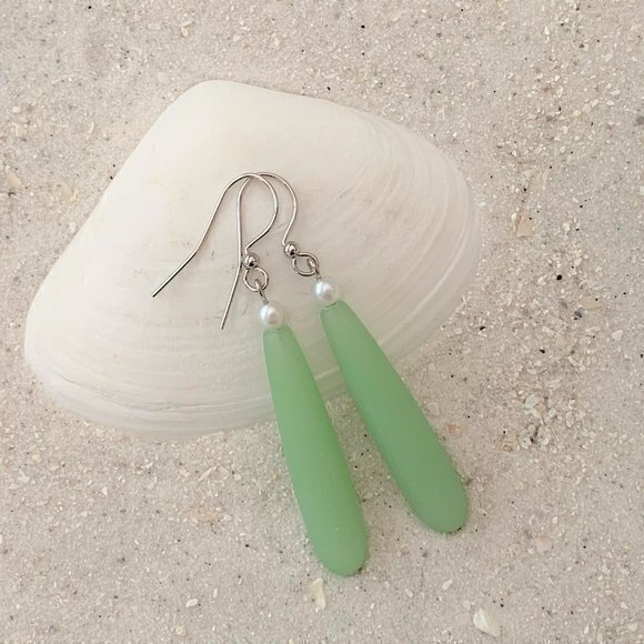 Green Sea Glass Dangle Earrings With Pearls Womens Girls Beach Jewelry Gifts